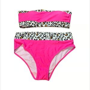 Hot Pink Leopard Trim Bandeau Bikini Set High Waist Swimsuit Full Coverage XL
